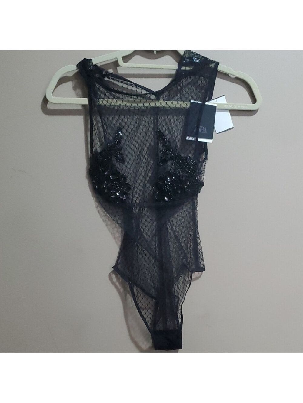 Zara Black Sheer Bodysuit with Sequin Detail Size Small
